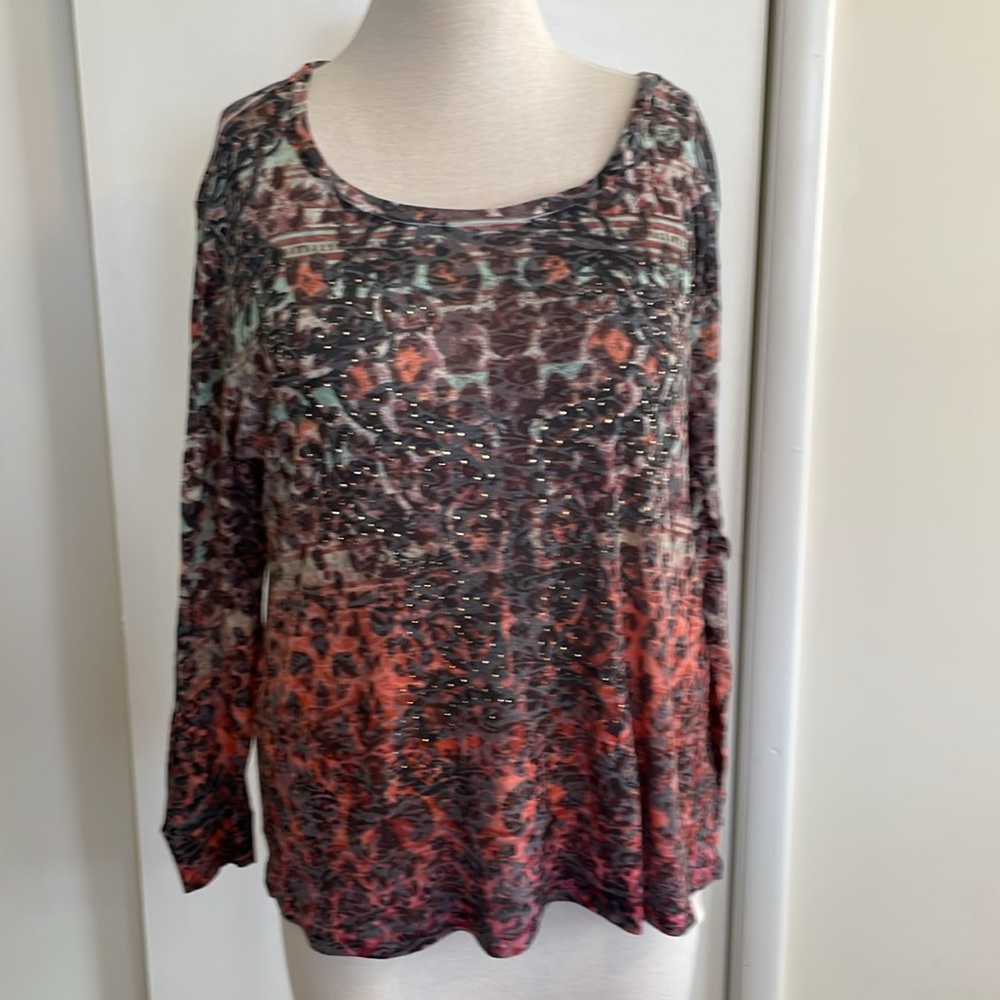 Fashion Bug- Black/Orange/Green Leopard ribbed top. Size 2X.